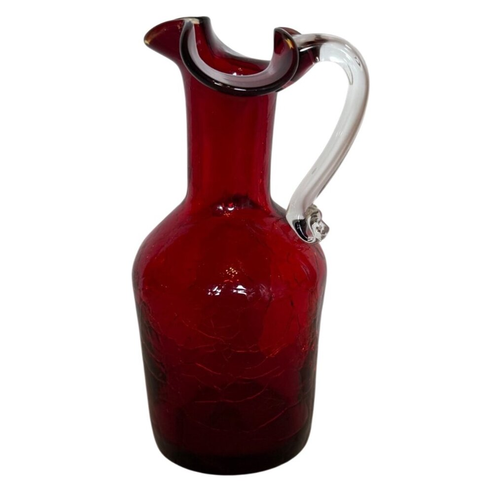 Unbranded Home Decor Red Crackle 6 oz. Glass Mini Pitcher w/Clear Handle 5" Tall